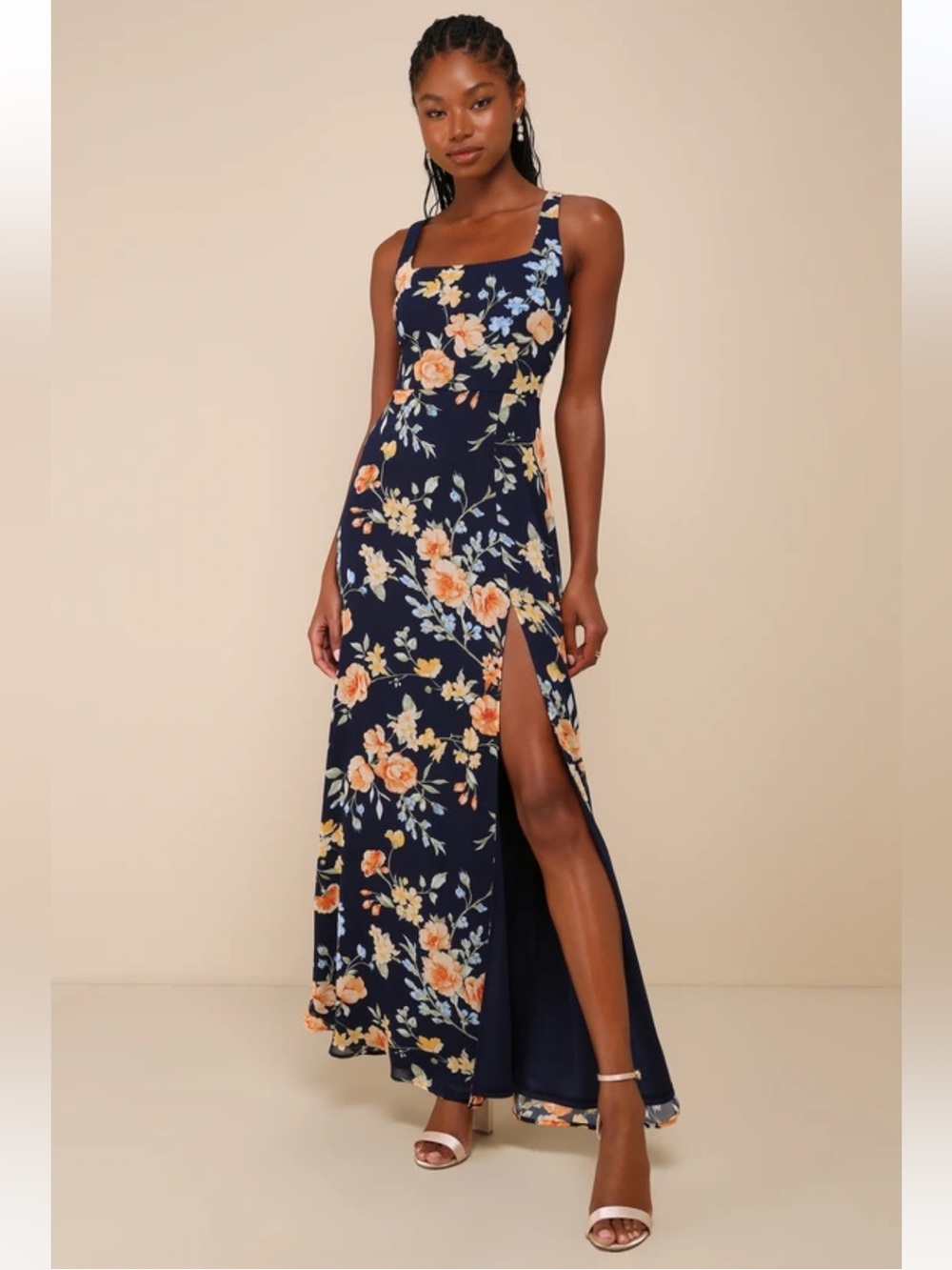 Lulu's Navy Floral Maxi Dress with Peach Blooms - Picture 2 of 13